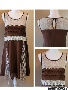 NWT A'reve Sleeveless Brown Dress w/ Crochet Detailing Ruffles & Cream Lace
